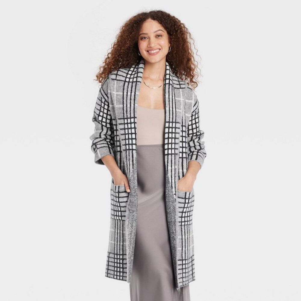 Women's Coatigan - A New Day Gray Plaid XS/S